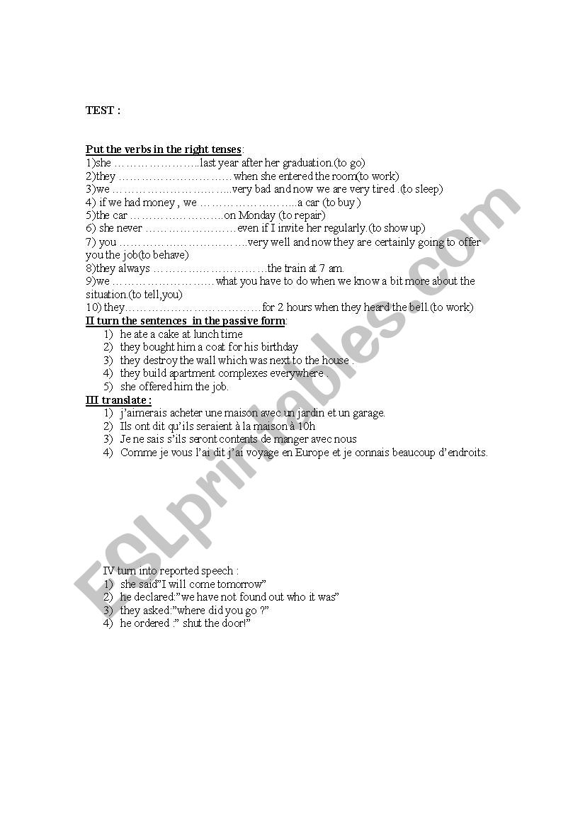 Test on tenses -Put the verbs in the right tense 