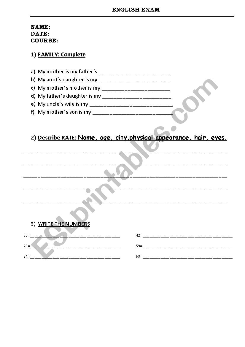 ENGLISH EXAM worksheet