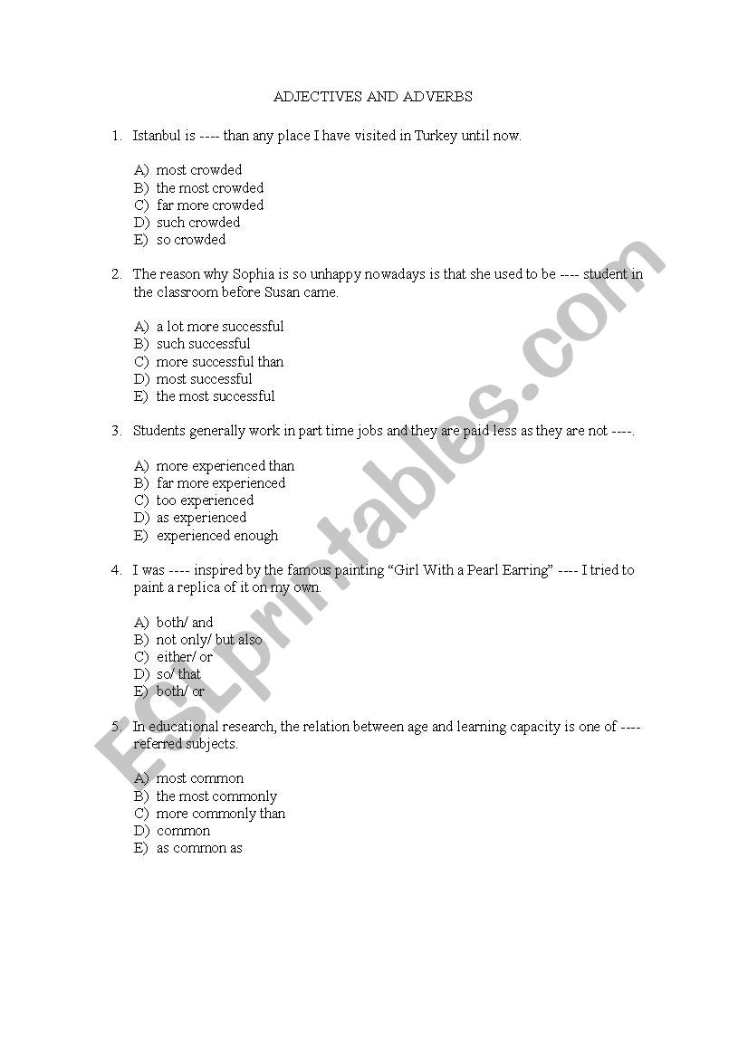 Adjectives & Adverbs Test worksheet