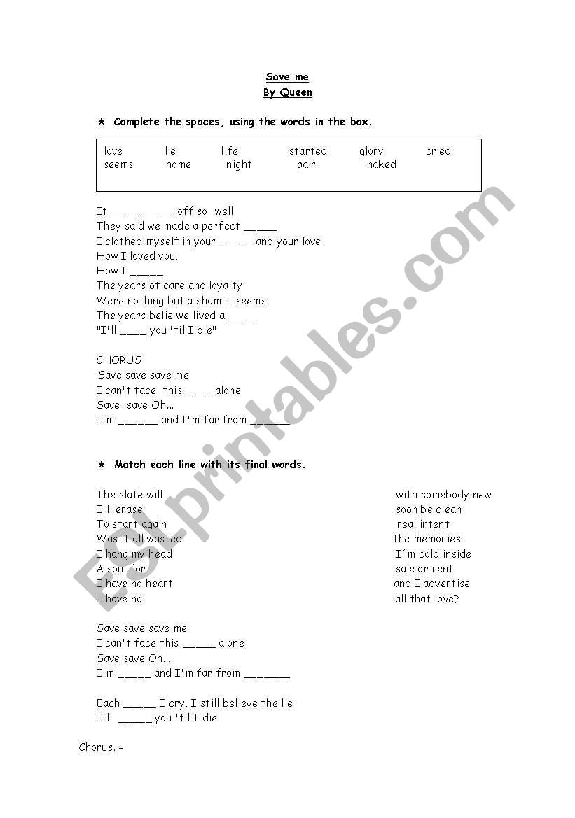 Save me Queen worksheet