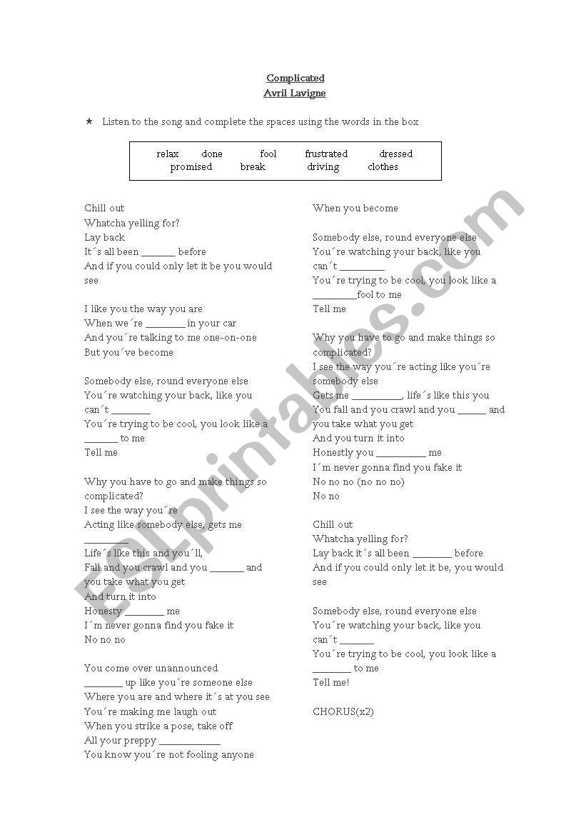 Complicated Avril Lavigne worksheet