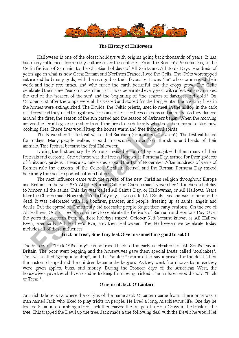 The history of Halloween worksheet