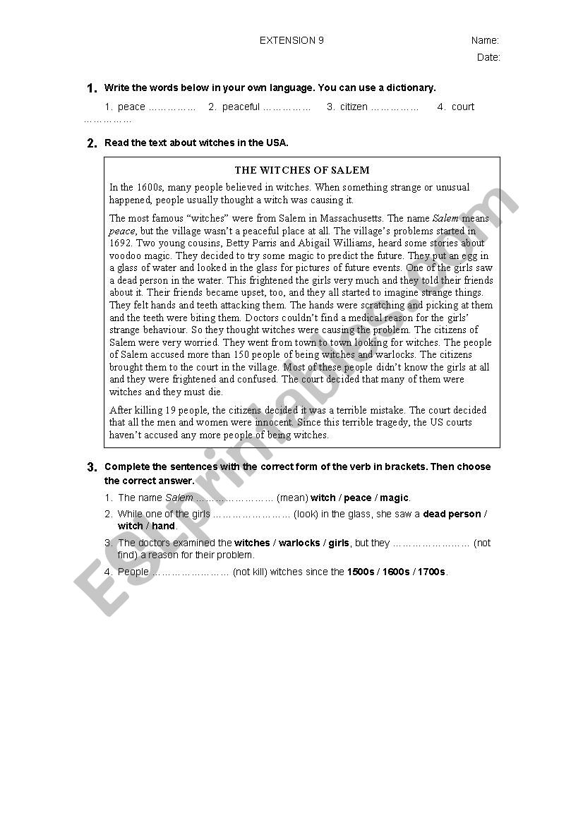 Reading Extension (Part 9) worksheet