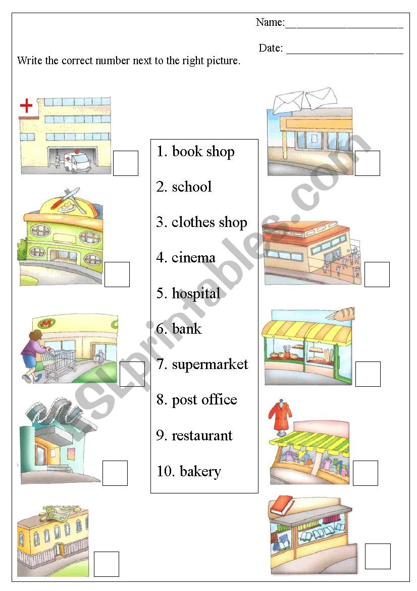 places in the town worksheet