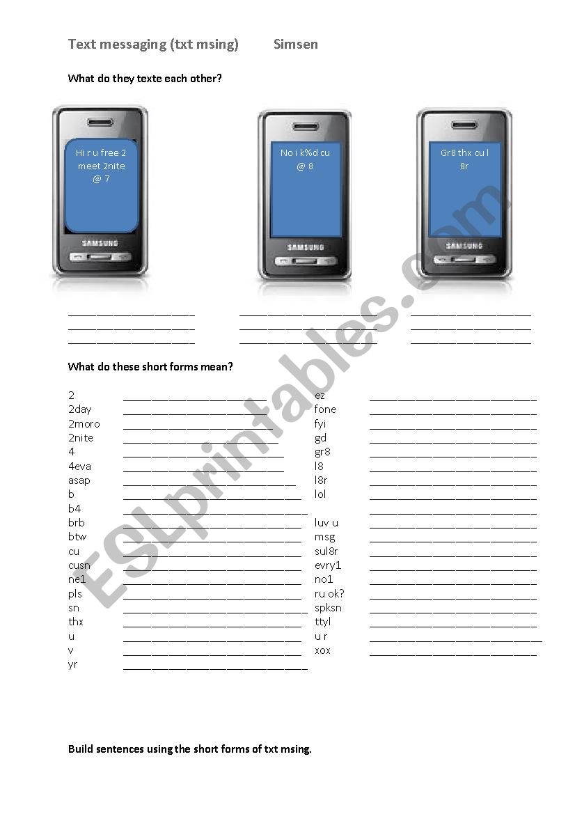 Text messaging worksheet