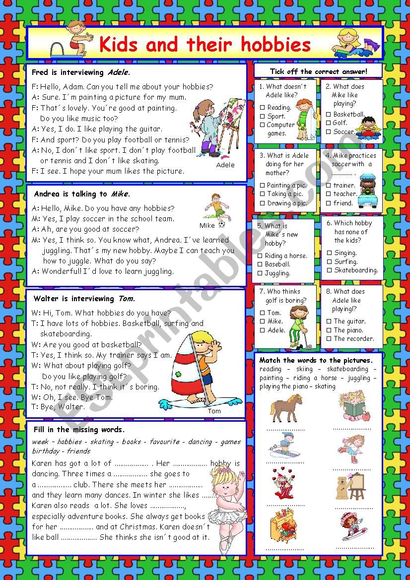 Kids and their hobbies (+Key) worksheet