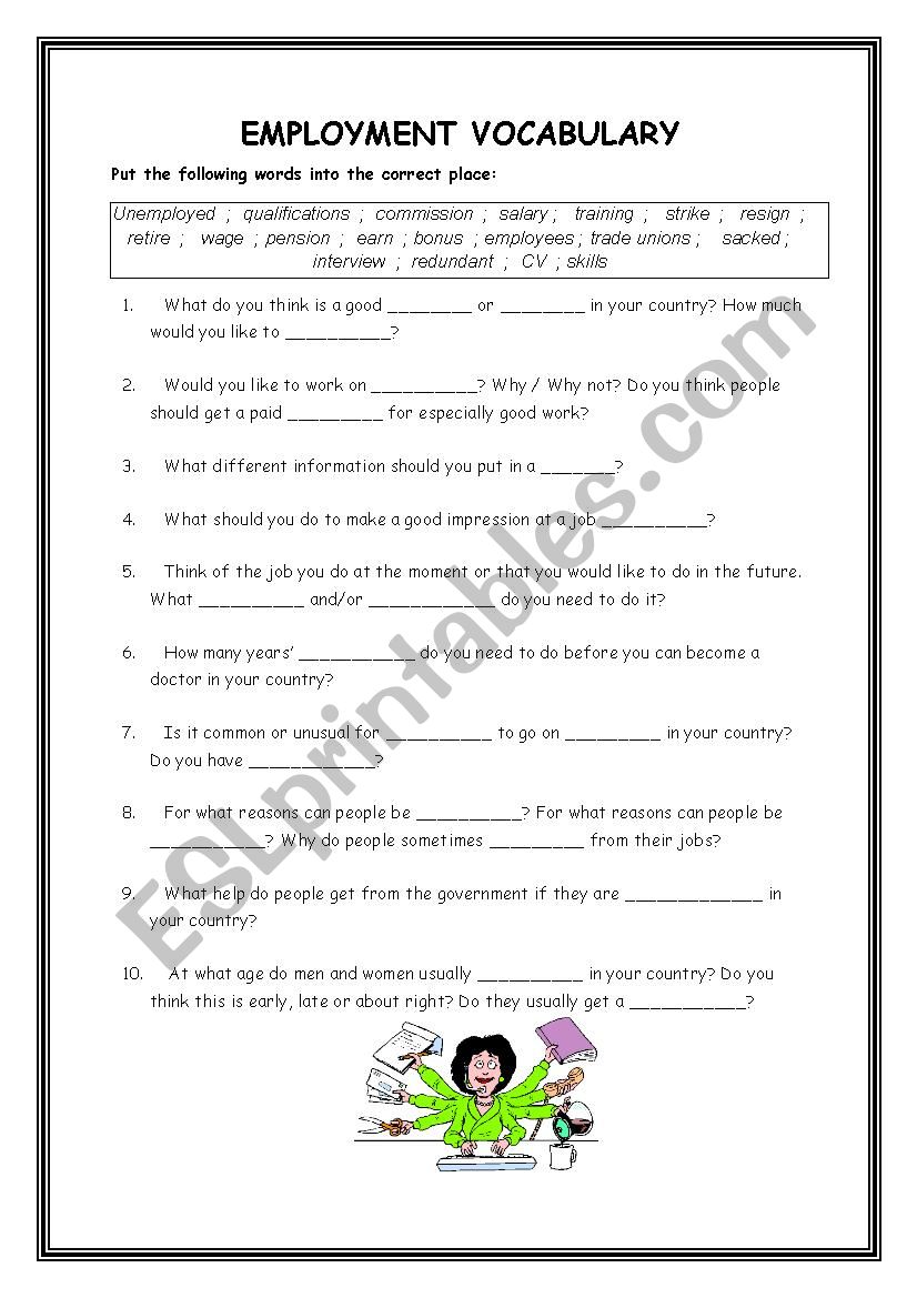 Employment vocabulary worksheet