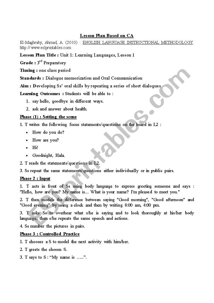 Lesson Plan Based on Communicative Appraoch (CA)