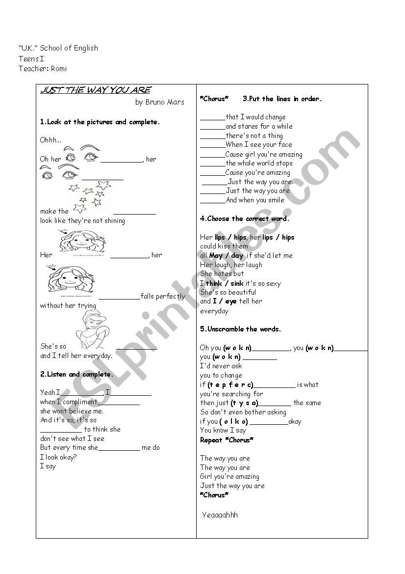 Just the way you are worksheet