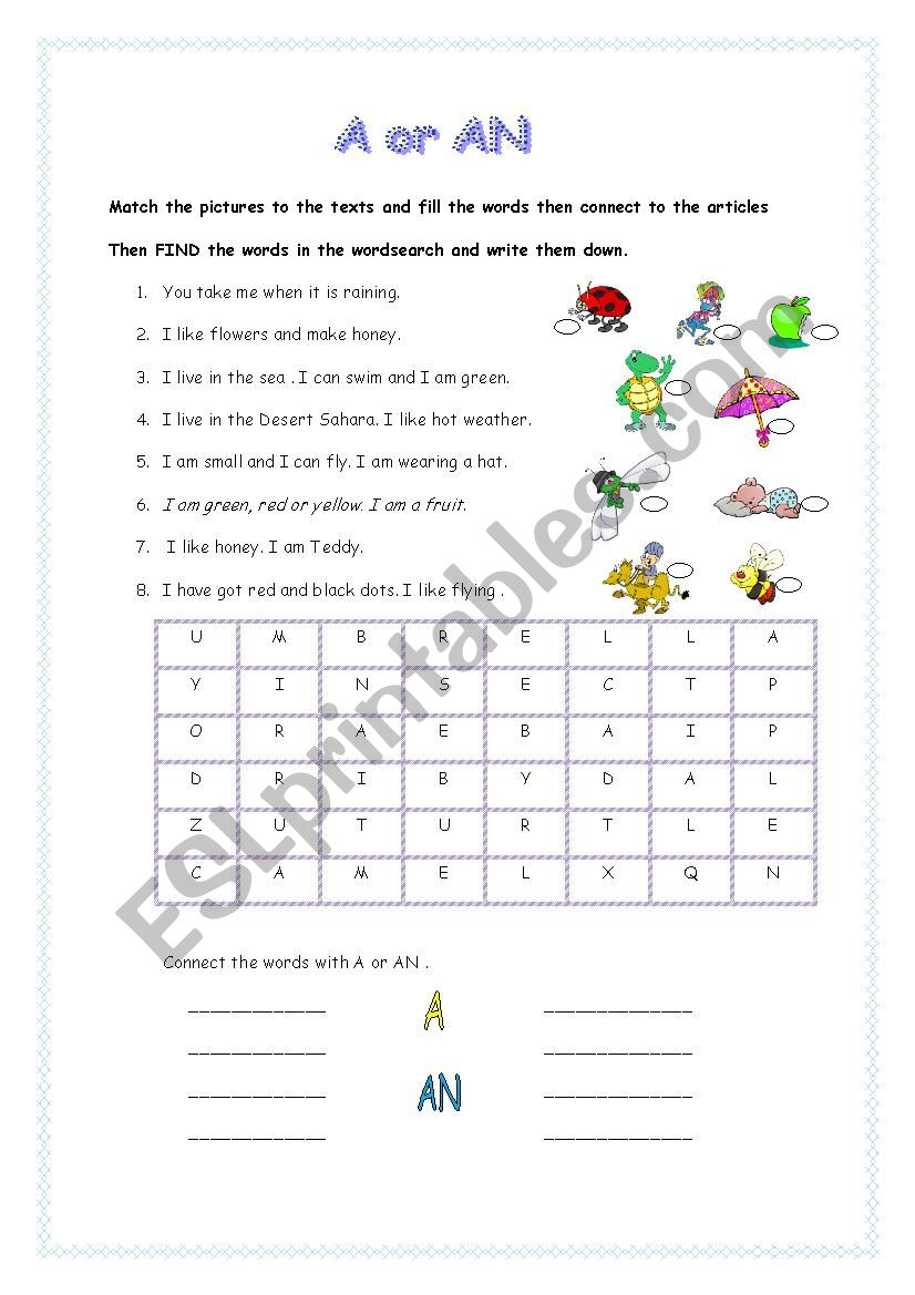 A or AN  worksheet