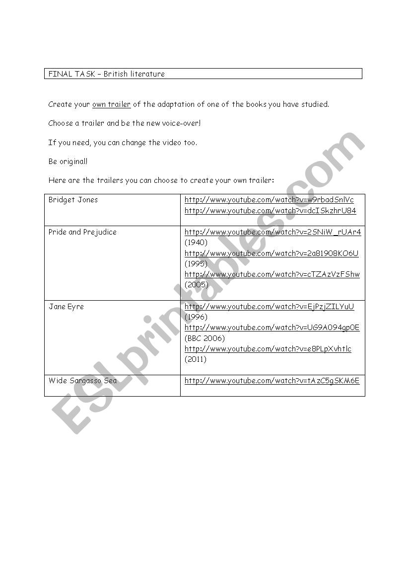 British literature worksheet