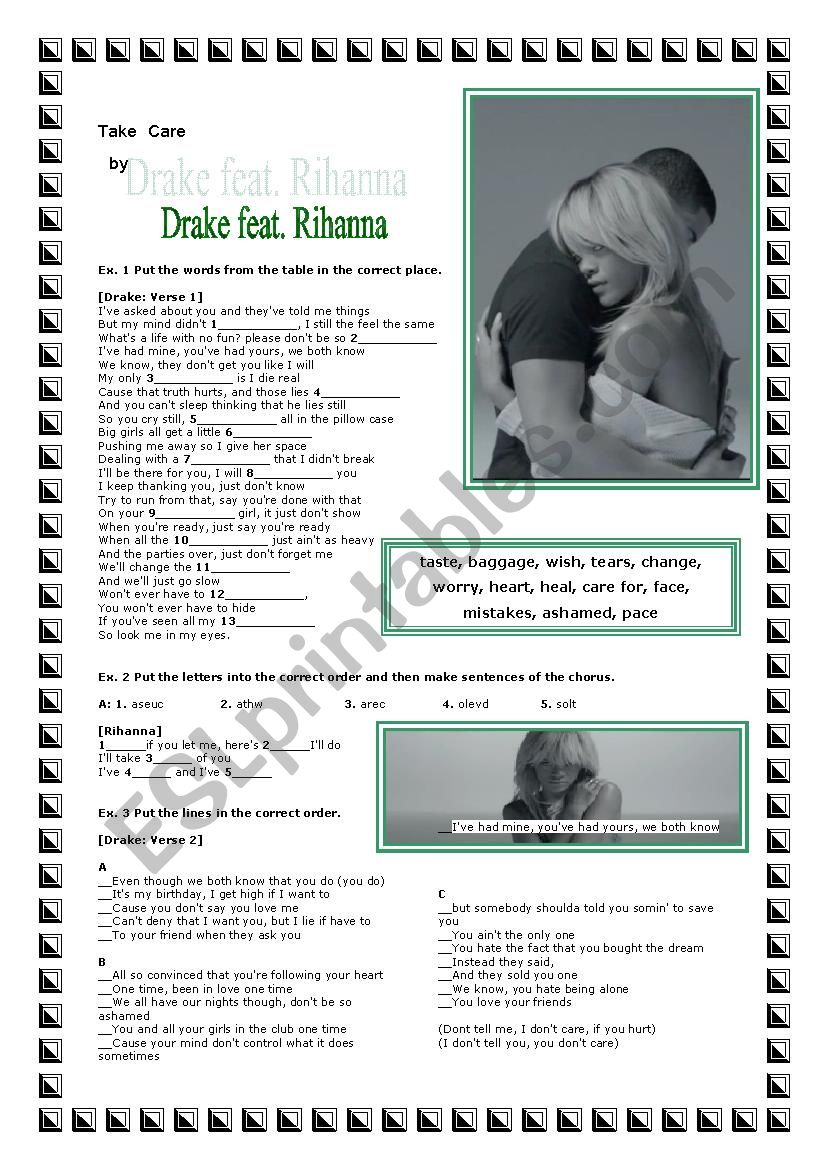 Rihanna feat. Drake Take Care worksheet