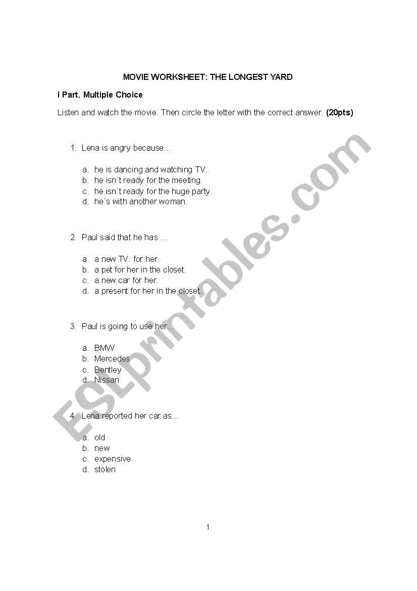 worksheet of the movie The Longest Yard