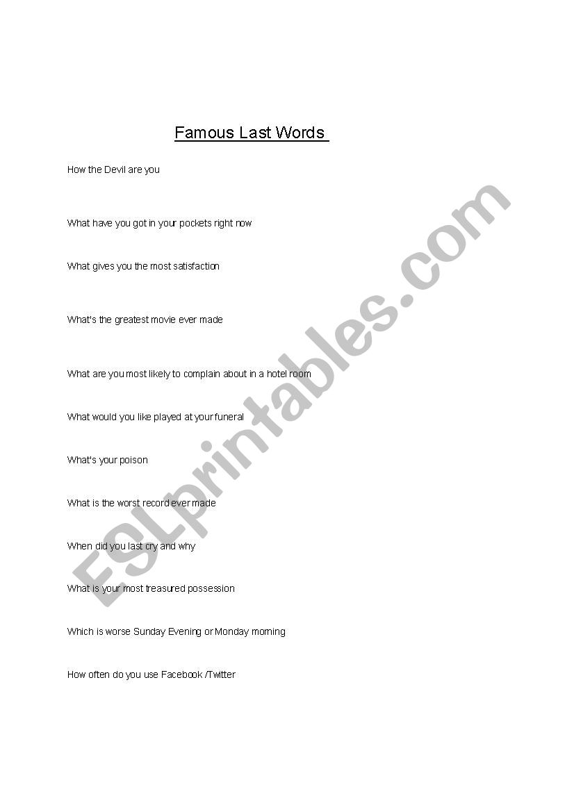 Famous Last words worksheet