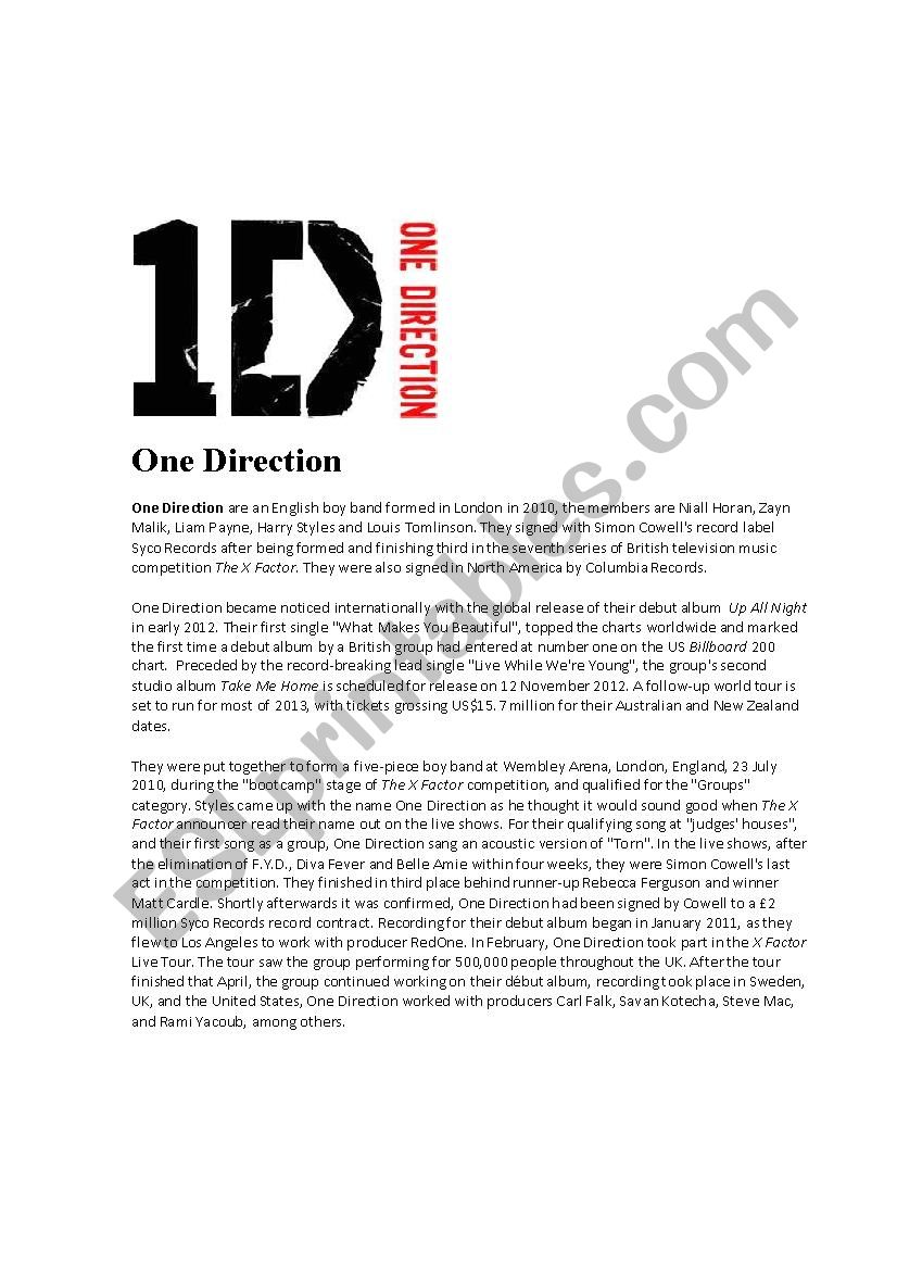 One Direction worksheet