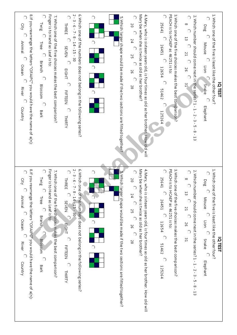 IQ Test for All Ages. worksheet