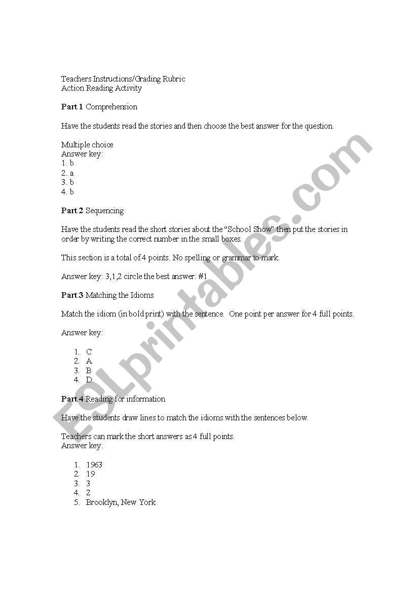 Teachers Instructions for 4 part Action Reading Activity