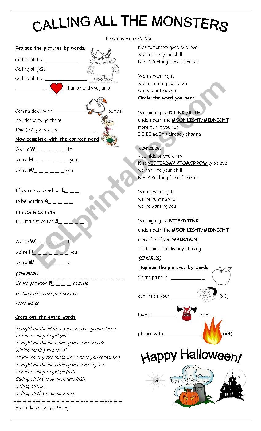 Song Calling All The Monsters By China Mcclain Esl Worksheet By Cacucacu