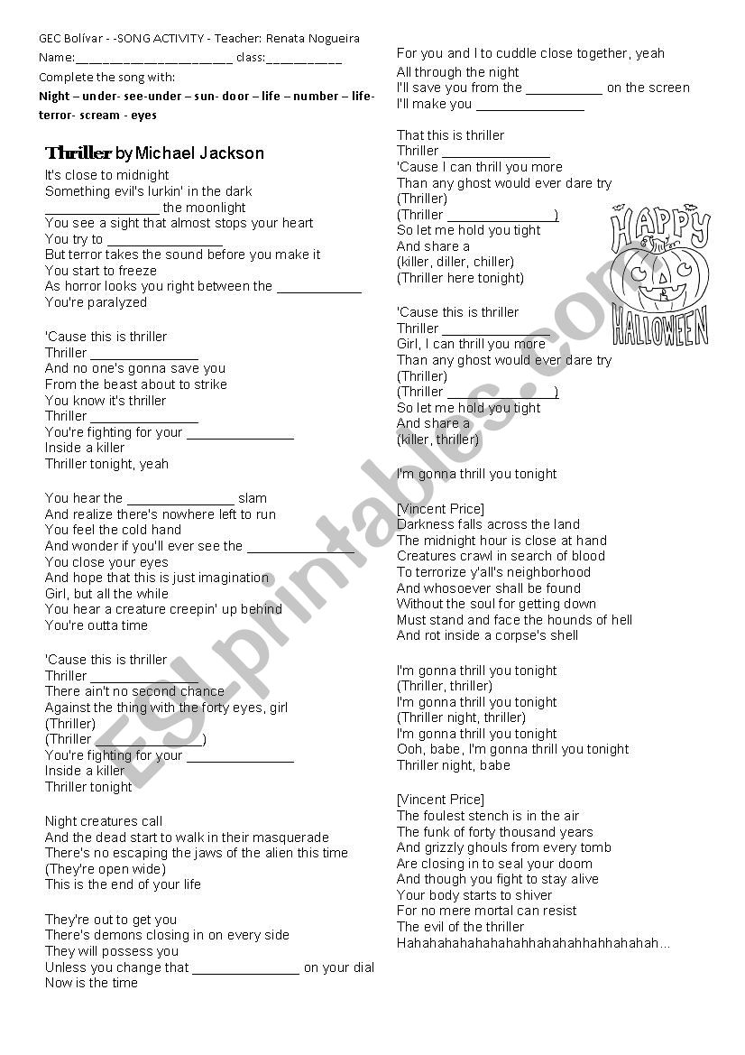 Thriller Song Activity worksheet