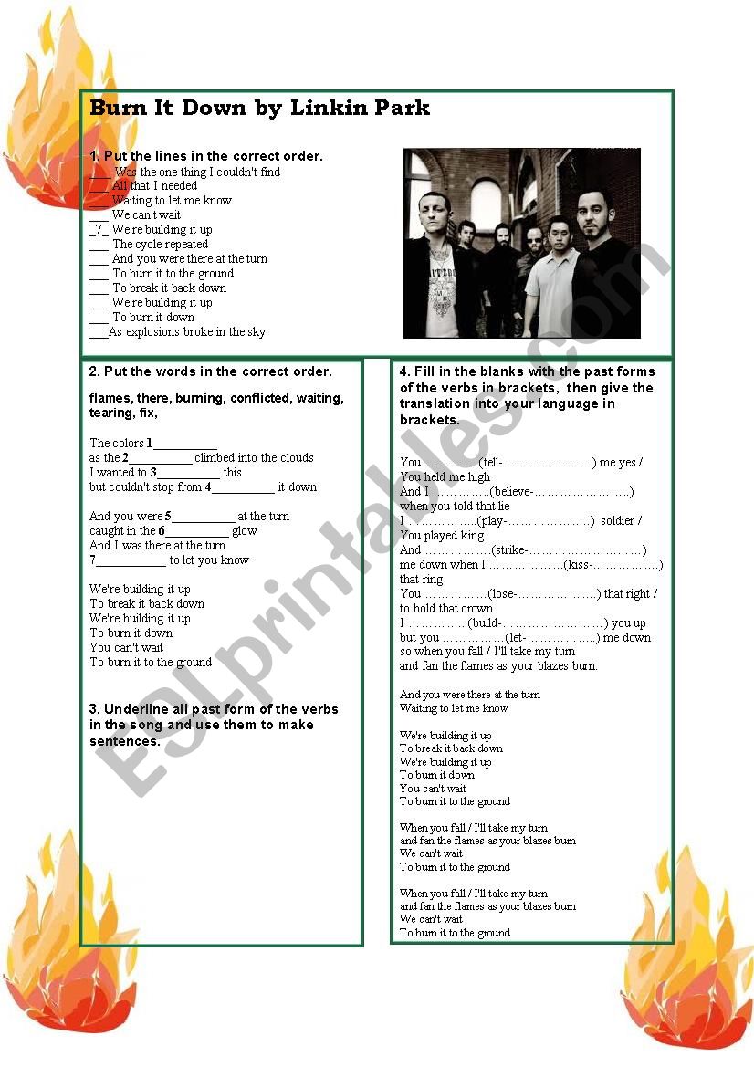 Burn It Down by Linkin Park worksheet