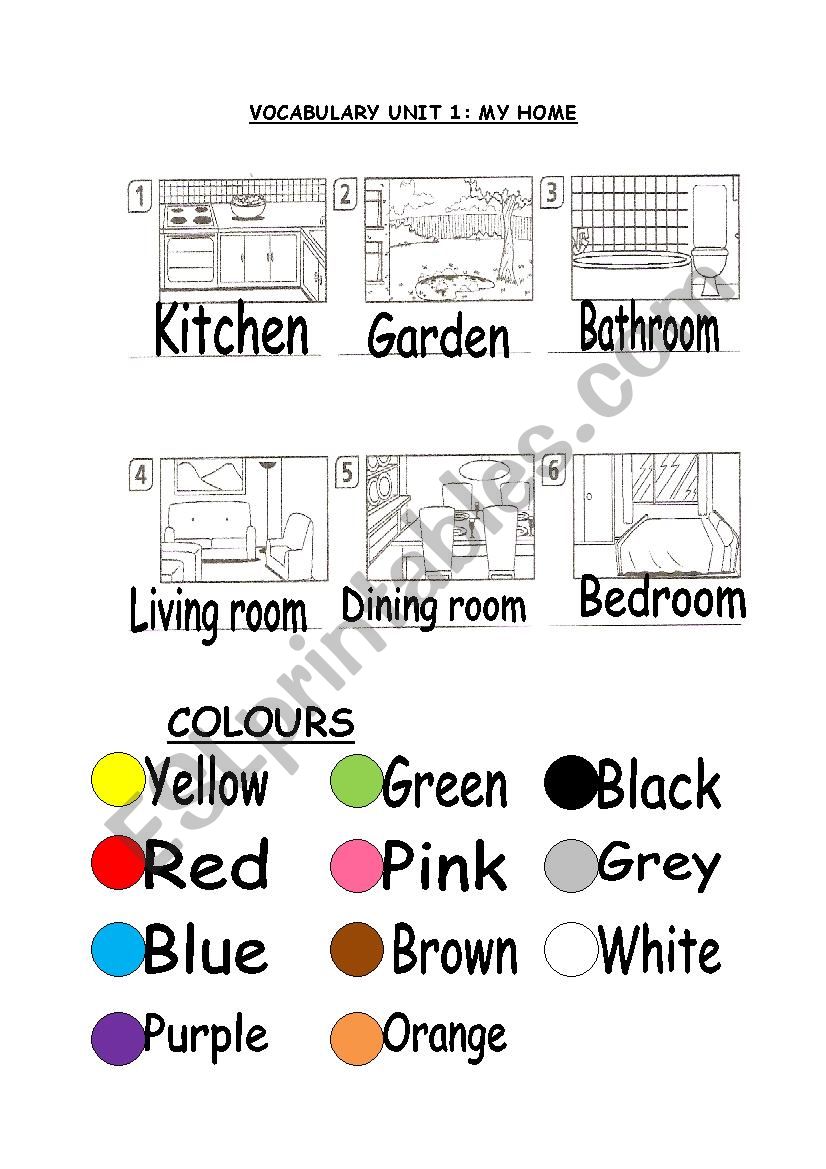 House vocabulary and colours worksheet