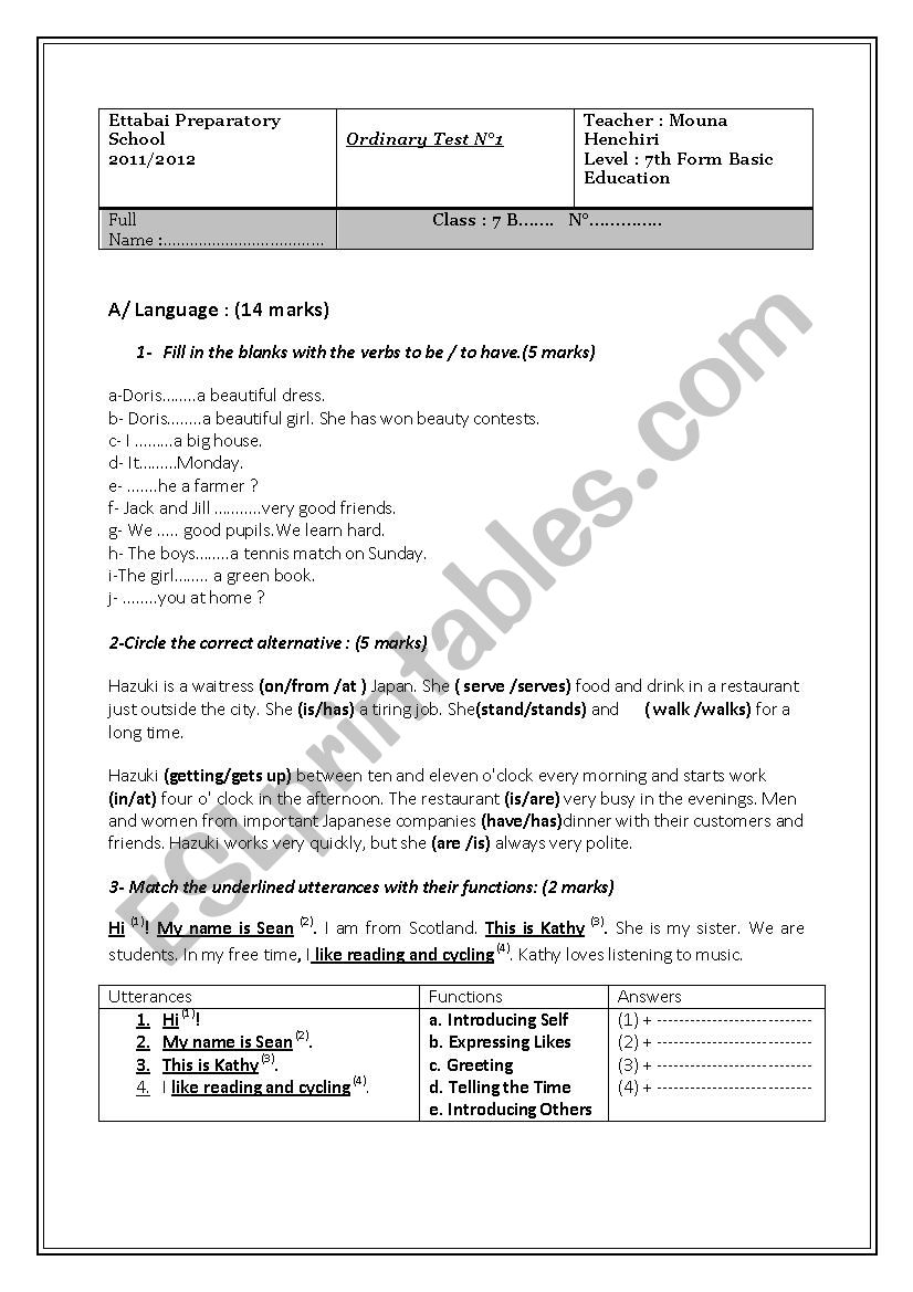 7th form mid-term test N1 worksheet