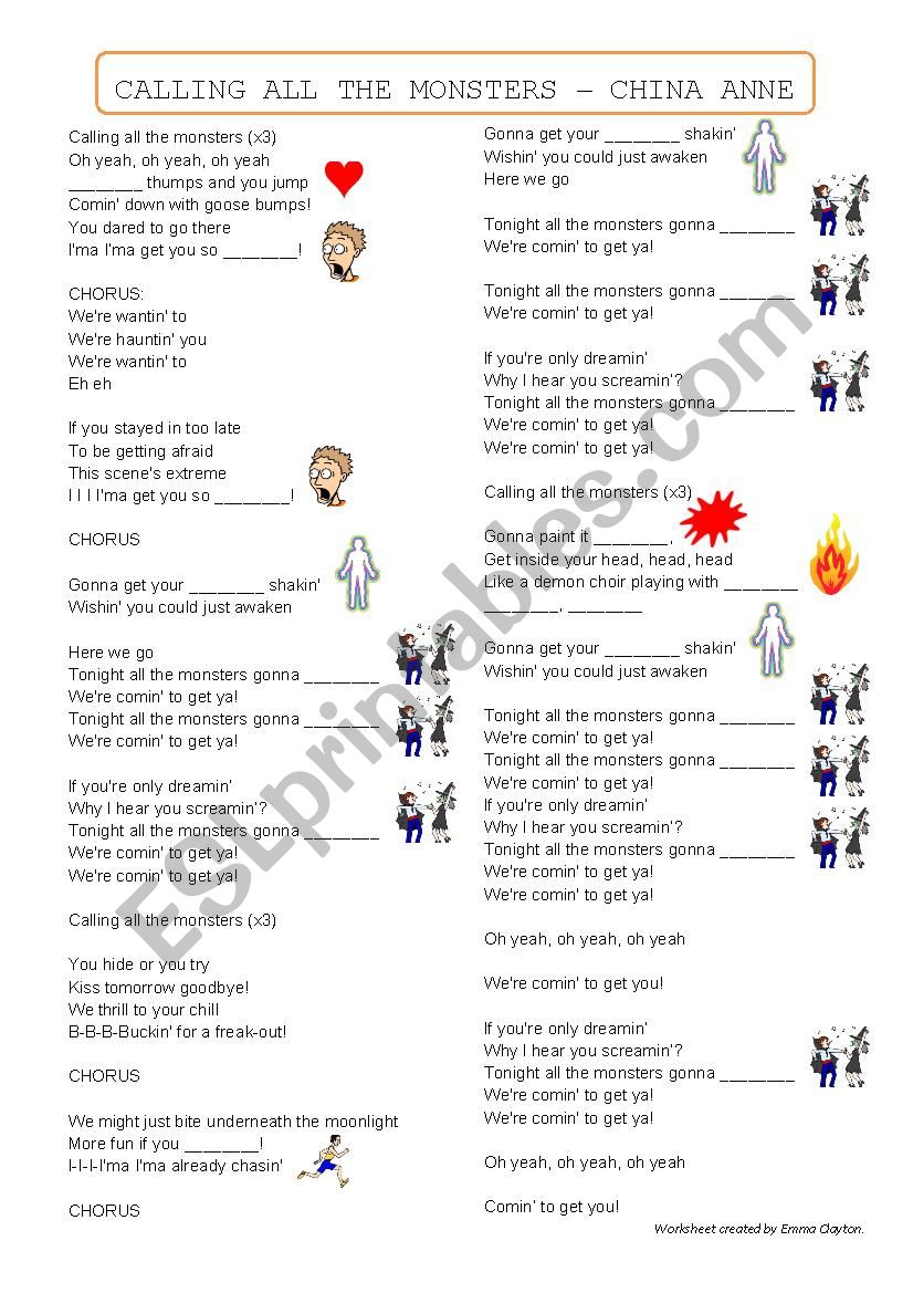 Calling All The Monsters Halloween Song Worksheet Esl Worksheet By Skully29