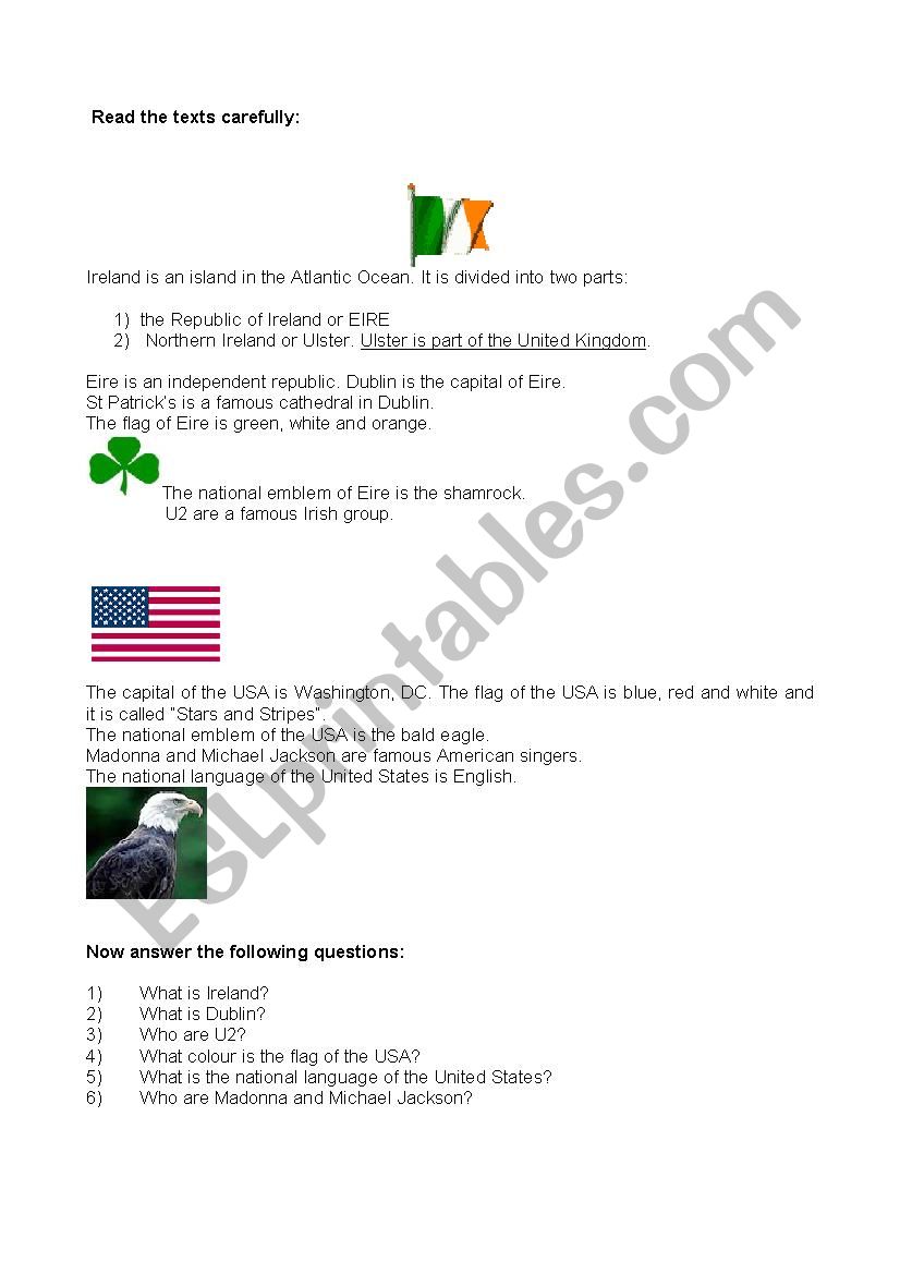 USA and Irelan worksheet