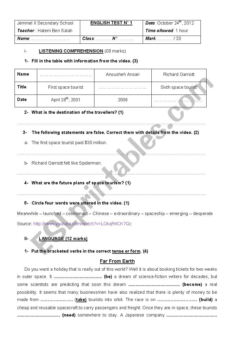 Mid term test 1 bac worksheet