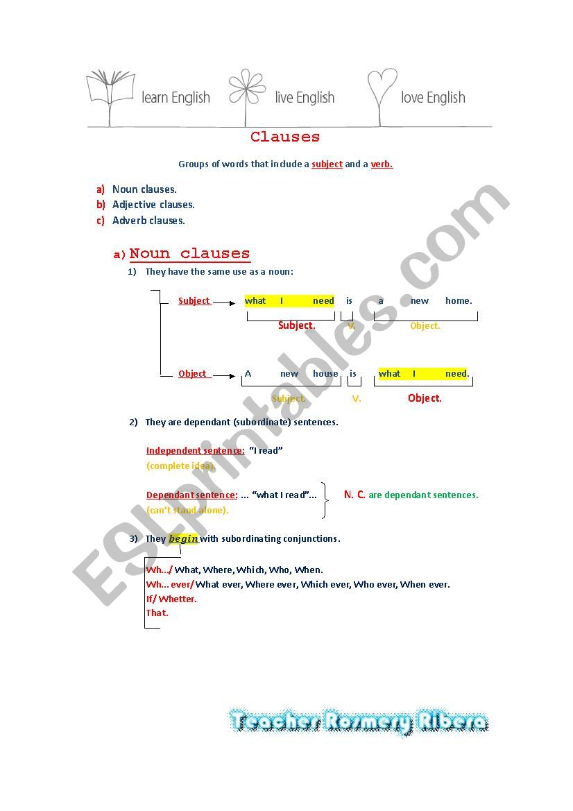 NOUN CLAUSES ESL Worksheet By Teacherroscba