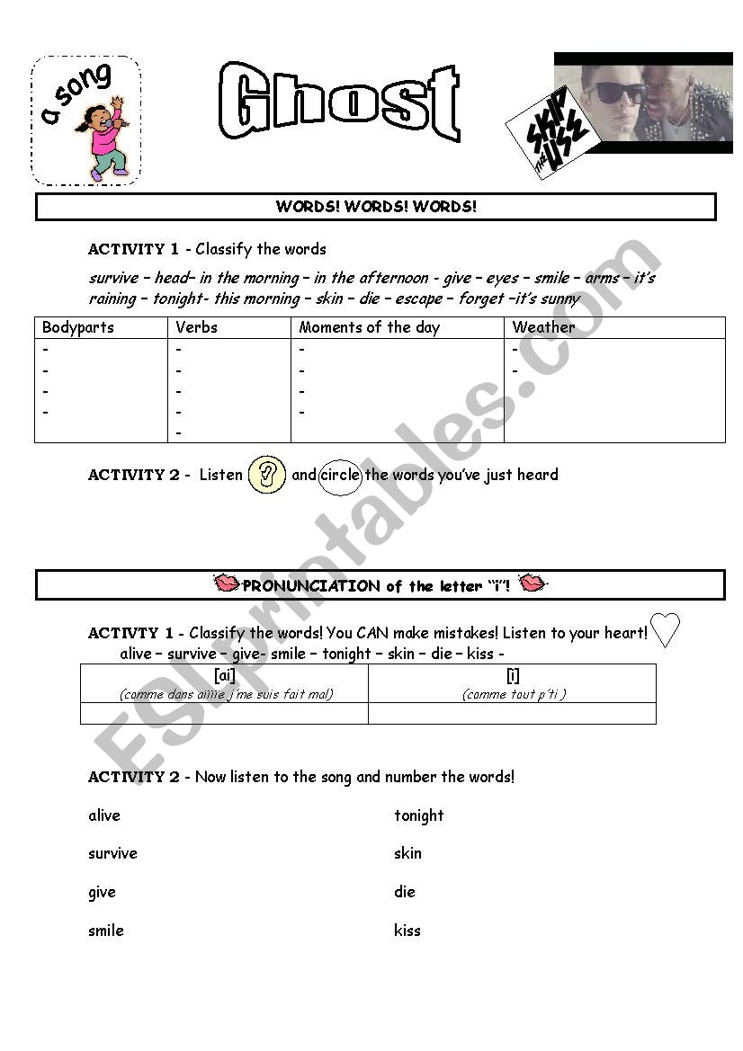 Skip the use - ghost (song) worksheet