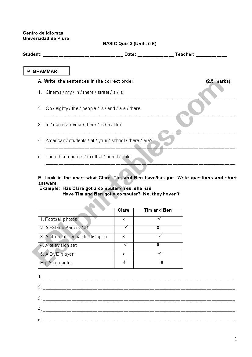 Elementary Test worksheet