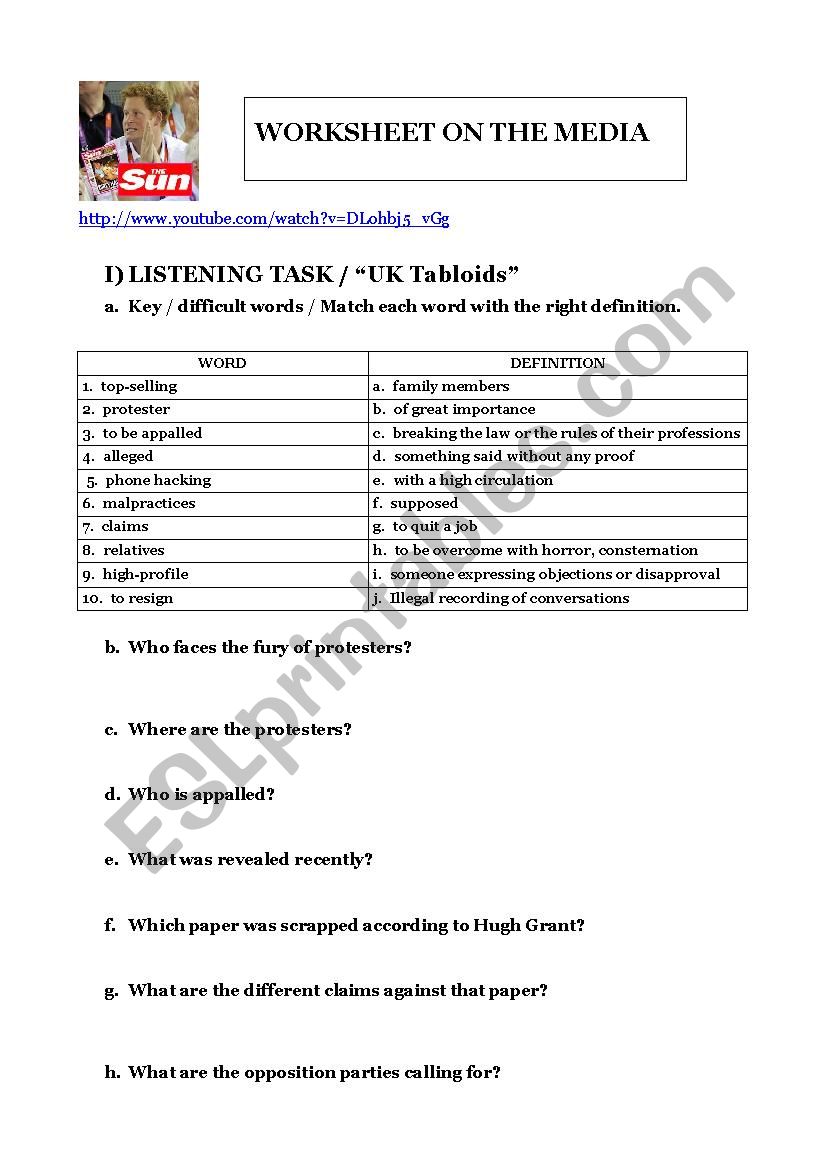 UK Tabloids Worksheet / Video + Words