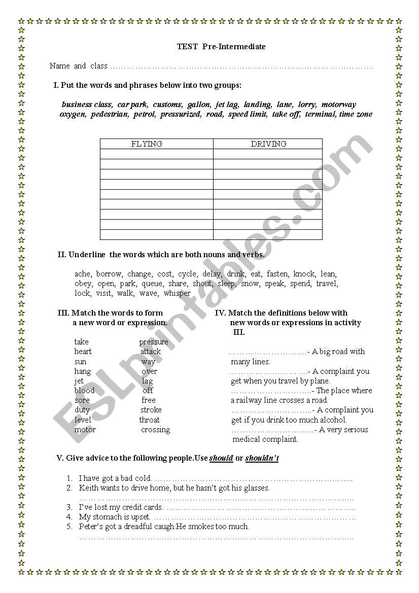 TEST Pre - Intermediate worksheet