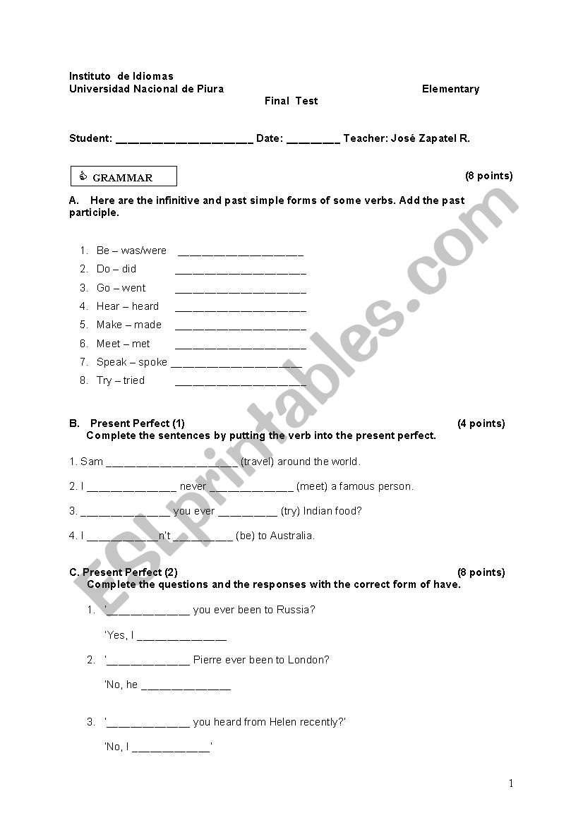 Final test worksheet