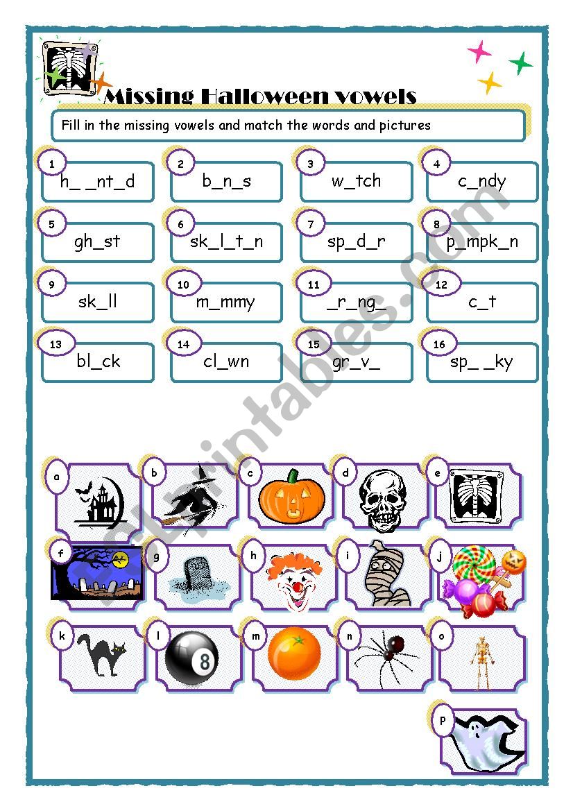 Missing Halloween vowels worksheet