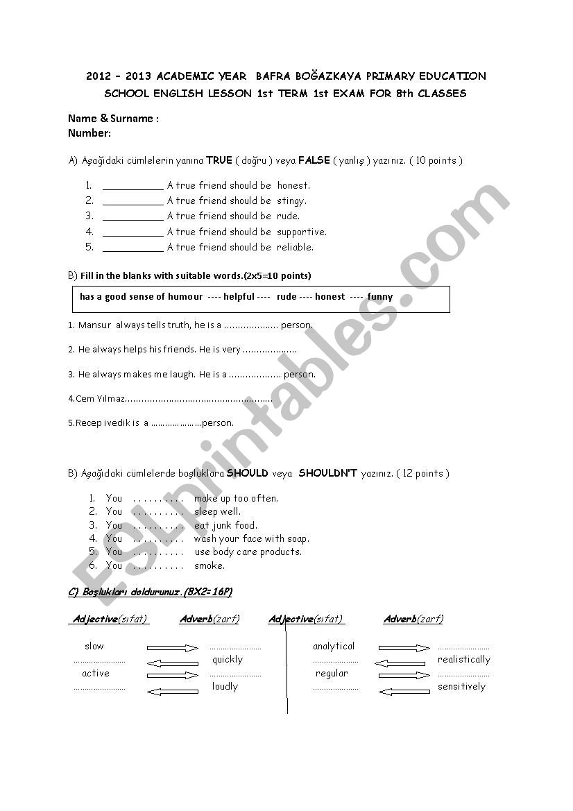 8th graders first term first exam