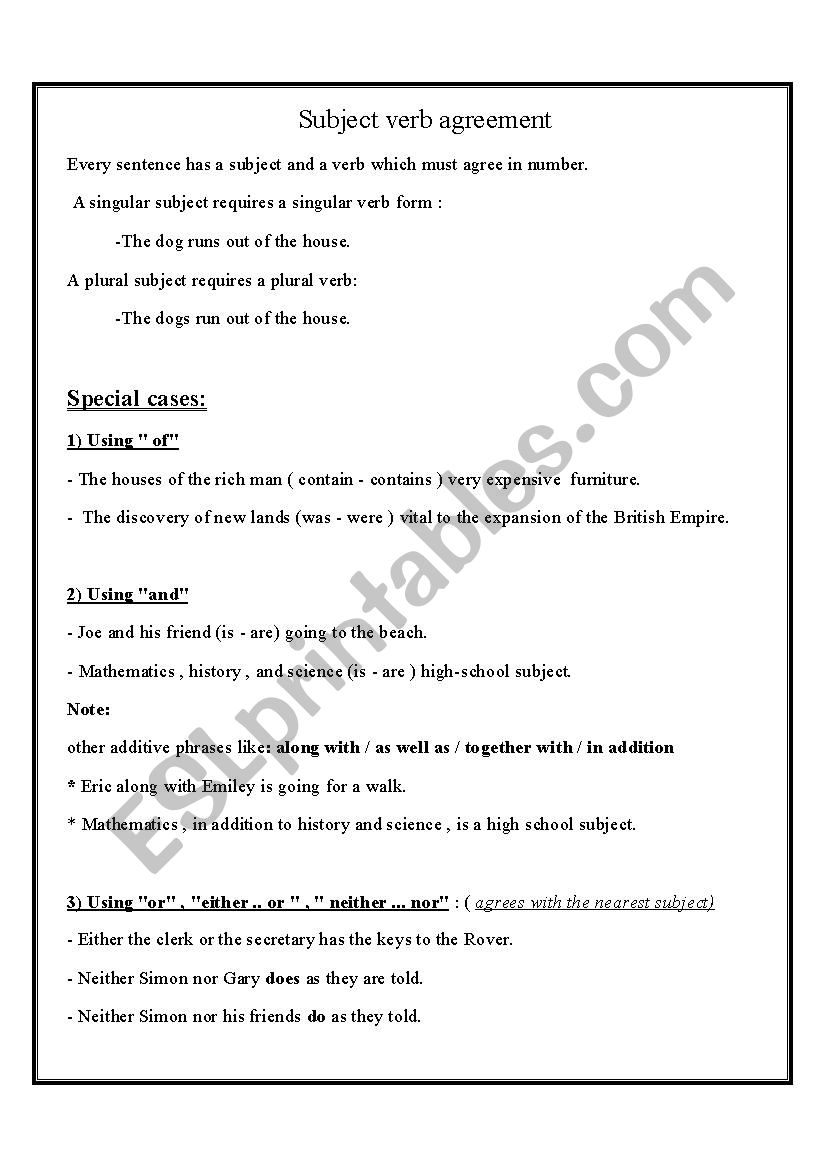 subject-verb agreement  worksheet