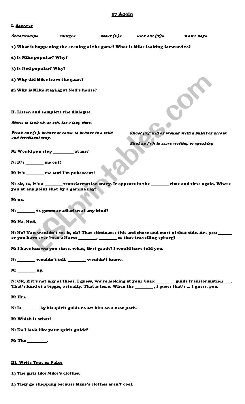 17 Again worksheet