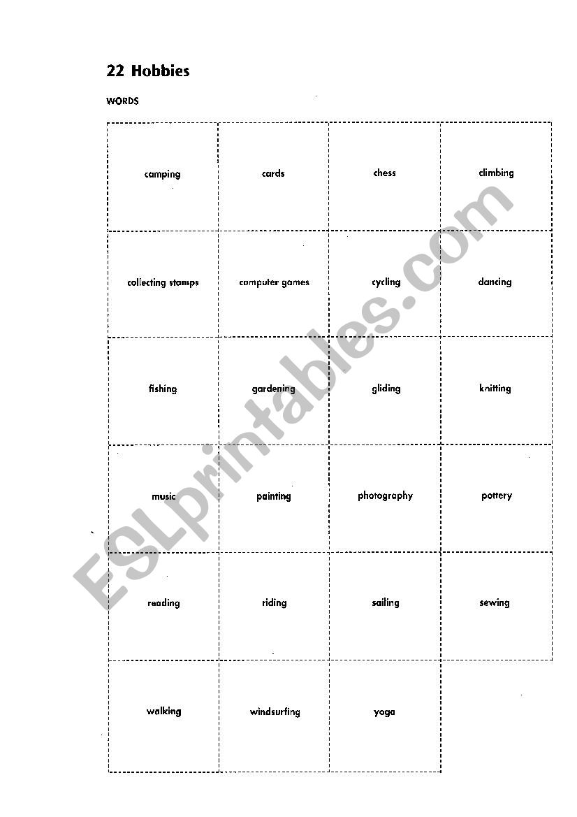 Card game Hobbies worksheet