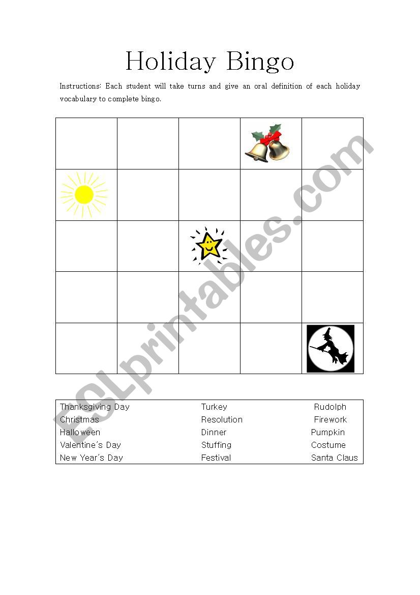US holiday bingo worksheet