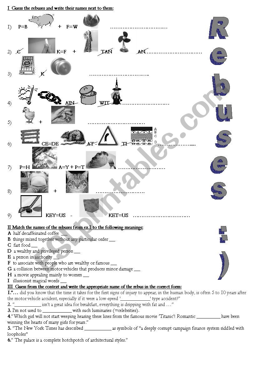 Rebuses for older /adult learners + 3 exercises + KEY