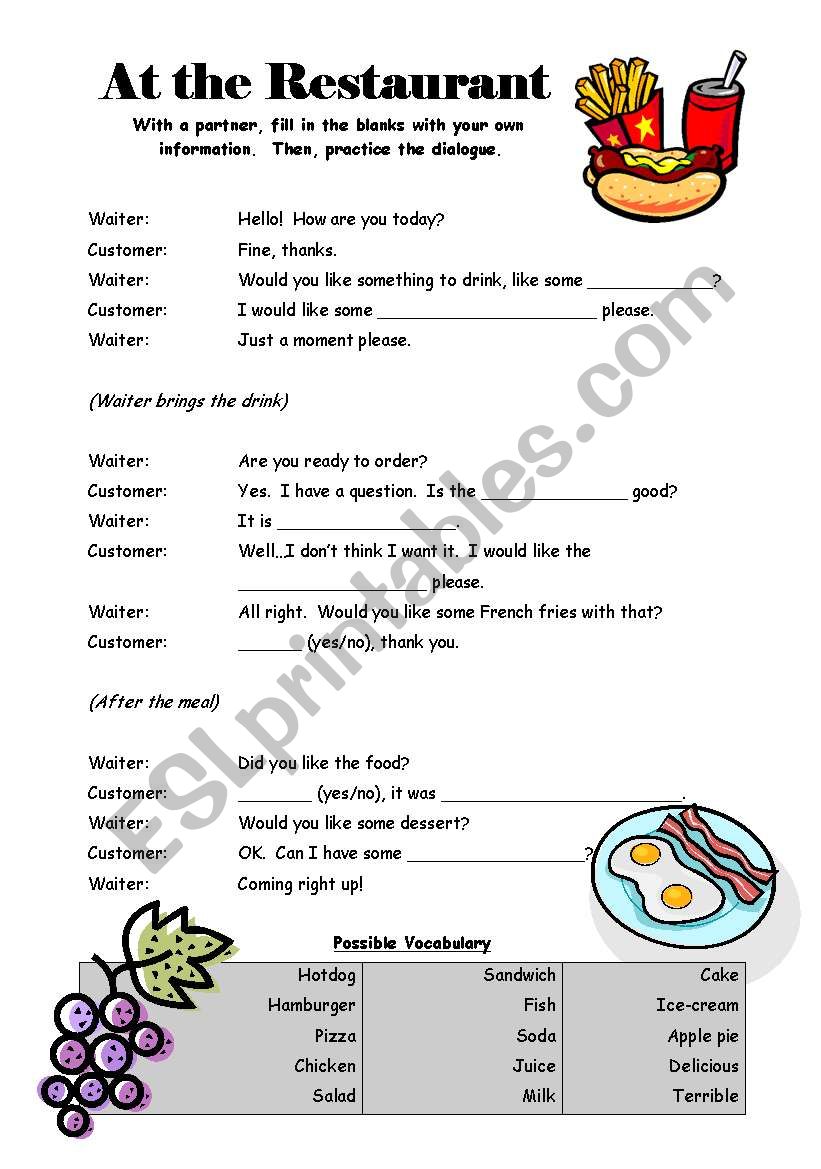 At the Restaurant - Dialogue worksheet