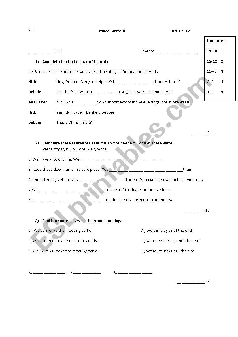 Modal verbs test worksheet