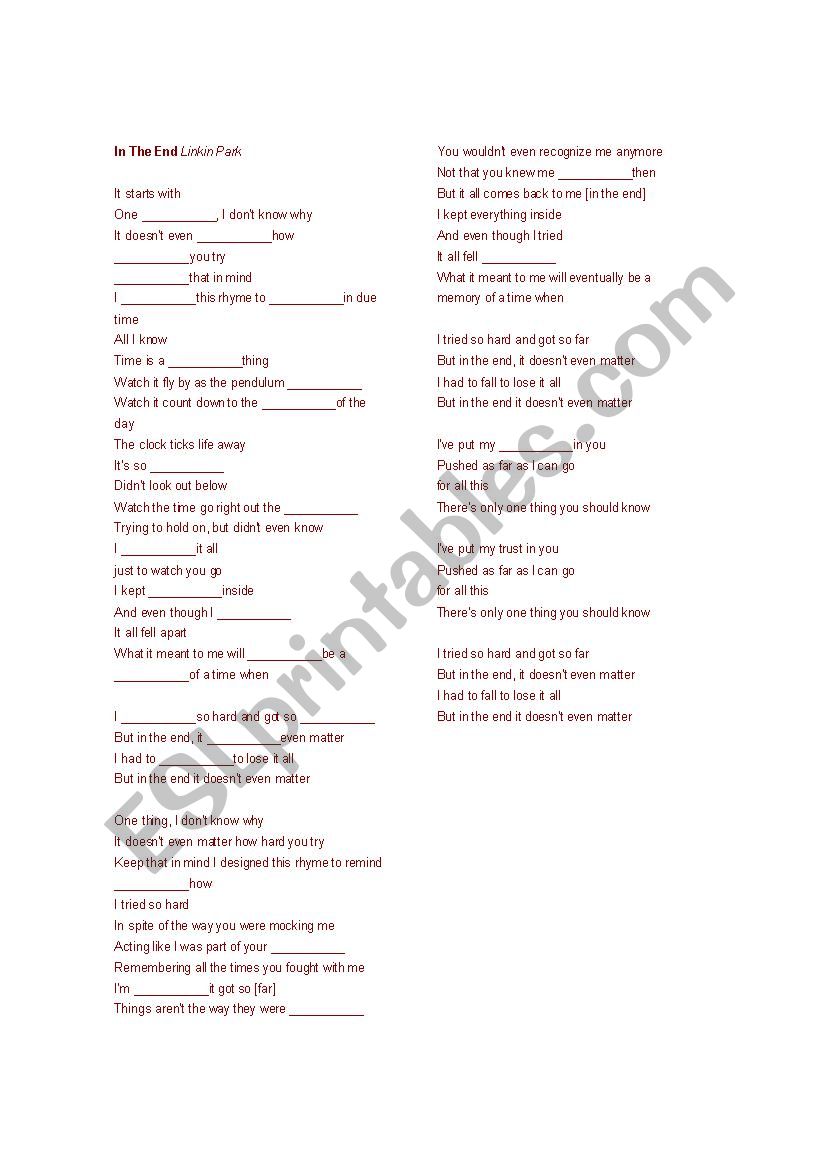 Song activity - In the end - Linkin Park