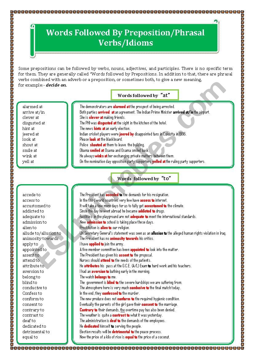 Words Followed By Preposition/Phrasal Verbs/Idioms   Page  - 01