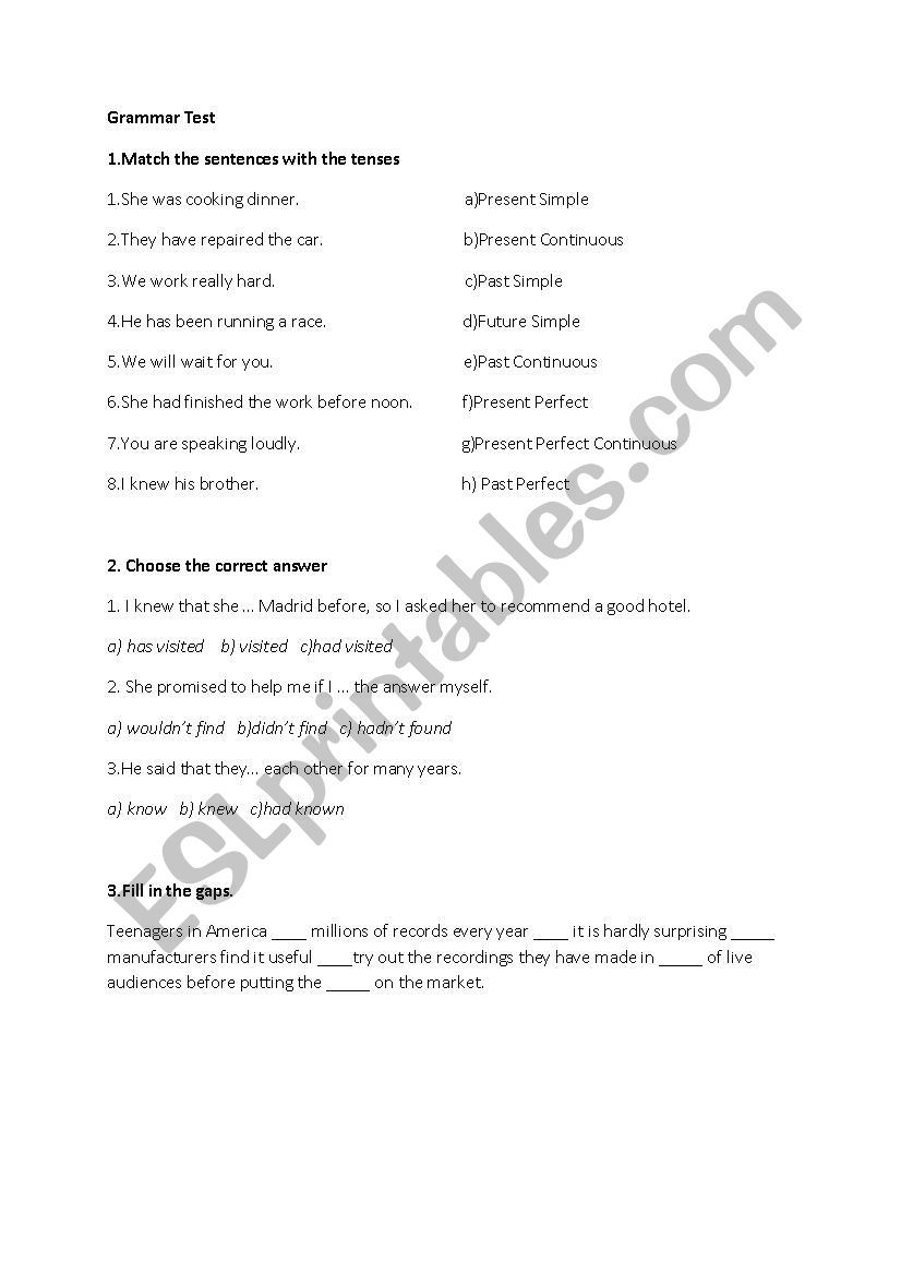 grammar test worksheet