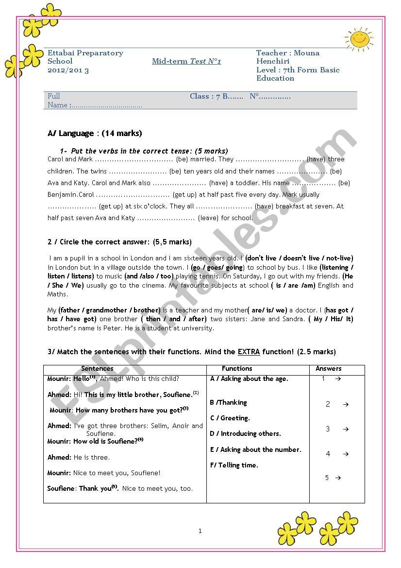 7thF Mid-term test N1 worksheet