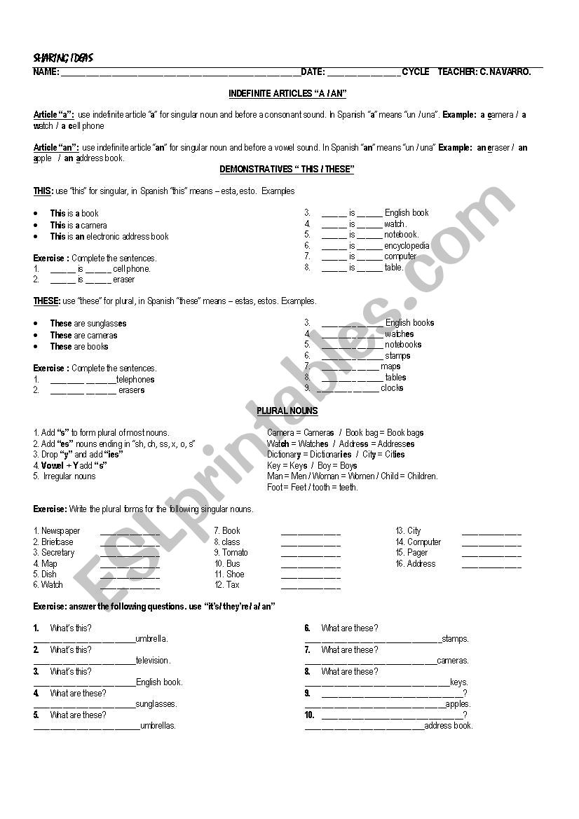 ARTICLES A / AN AND PLURAL NOUNS