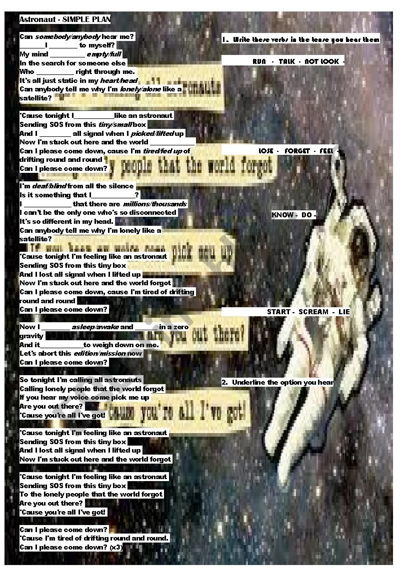 Astronaut - Simple Plan worksheet